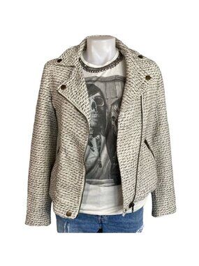 TL The Letter Moto Jacket White/Black/Gold Thread Zipper Wool Blend Size XS